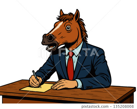 Surreal horse-headed businessman writing at desk Surreal horse-headed businessman writing at desk 135208008
