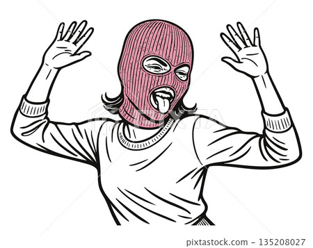 Playful woman in pink balaclava making silly face Playful woman in pink balaclava making silly face 135208027