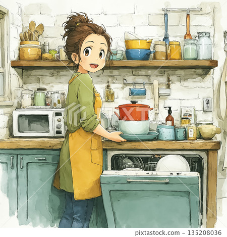 Miyu Series: Illustration of a woman in the kitchen saving time on housework with a dishwasher 135208036