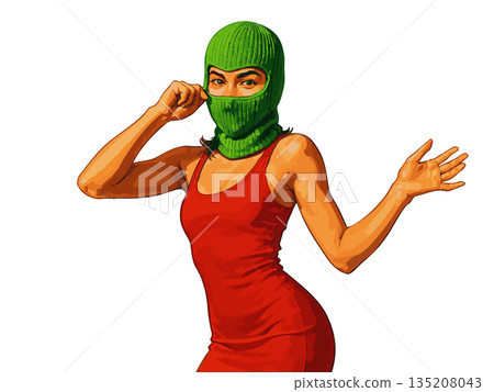 Confident woman in red dress and green balaclava Confident woman in red dress and green balaclava 135208043