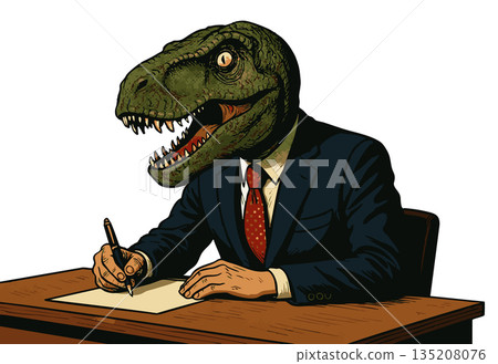 Dinosaur-headed businessman writing desk cartoon 135208076