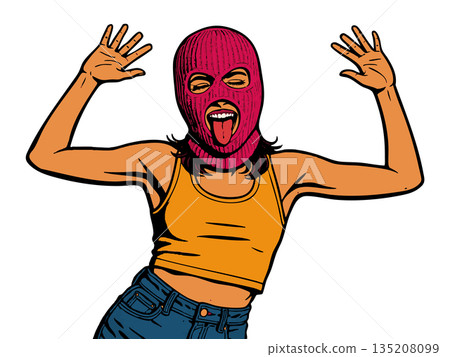 Playful woman in ski mask comic style raster Playful woman in ski mask comic style raster 135208099