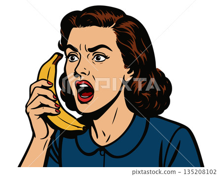 Woman yelling into banana phone raster Woman yelling into banana phone raster 135208102