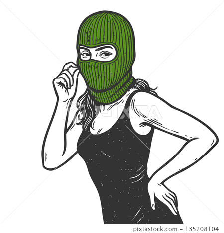Woman in green balaclava confident pose raster 135208104