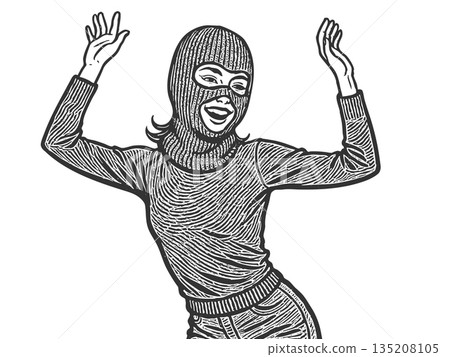 Happy woman in ski mask engraving sketch raster Happy woman in ski mask engraving sketch raster 135208105