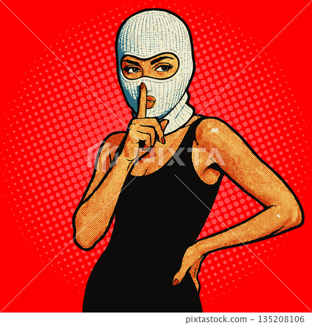 Pop art woman in ski mask making silence gesture Pop art woman in ski mask making silence gesture 135208106