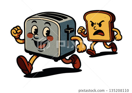 Angry toast chasing happy toaster cartoon raster Angry toast chasing happy toaster cartoon raster 135208110