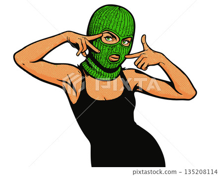 Woman in green ski mask wearing black dress raster 135208114