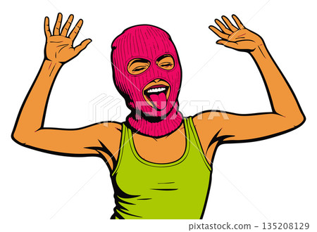 Playful woman in ski mask comic style raster 135208129