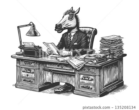 Horse-headed businessman at desk vintage vector Horse-headed businessman at desk vintage vector 135208134
