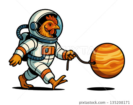 Chicken astronaut walking a planet on a leash 135208171