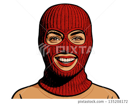 Smiling woman in red ski mask pop art style vector 135208172
