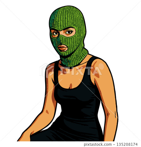 Woman in green ski mask wearing black dress vector Woman in green ski mask wearing black dress vector 135208174