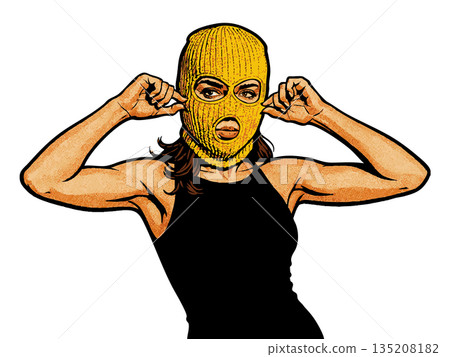 Woman yellow ski mask wearing black dress vector Woman yellow ski mask wearing black dress vector 135208182