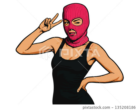 Woman in pink ski mask wearing black dress vector Woman in pink ski mask wearing black dress vector 135208186