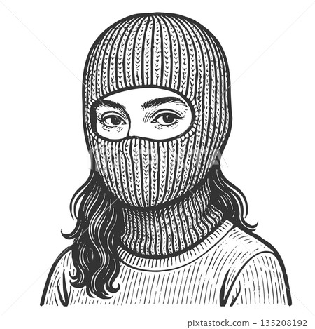Woman in knitted balaclava engraving sketch vector Woman in knitted balaclava engraving sketch vector 135208192