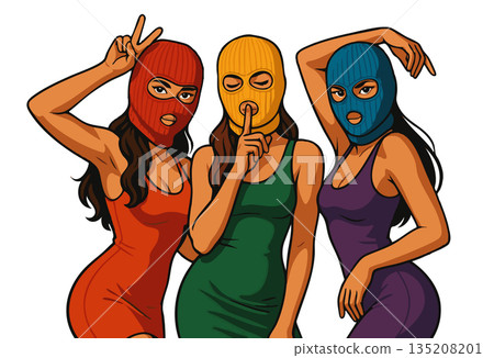 Colorful masked women in dresses vector Colorful masked women in dresses vector 135208201