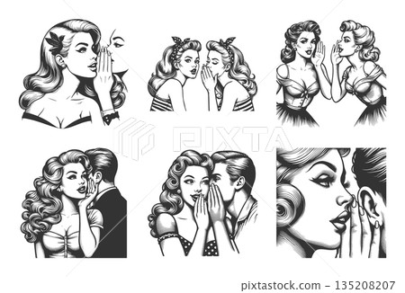 pin-up women whispering secrets engraving vector 135208207