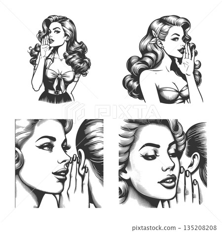 pin-up women whispering secrets engraving vector 135208208