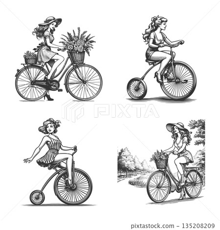 pin-up women riding vintage bicycles set vector 135208209