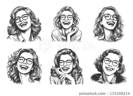 Smiling retro pin-up women portraits set vector 135208214