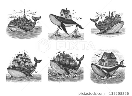 Surreal whales carrying houses and cities vector Surreal whales carrying houses and cities vector 135208236