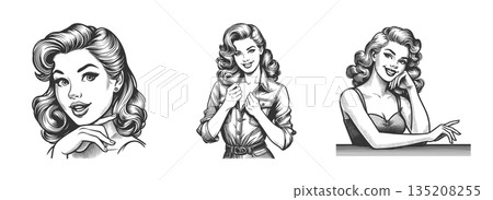 Smiling retro pin-up women portraits set vector 135208255
