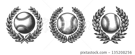 baseball emblems with laurel wreaths set vector baseball emblems with laurel wreaths set vector 135208256