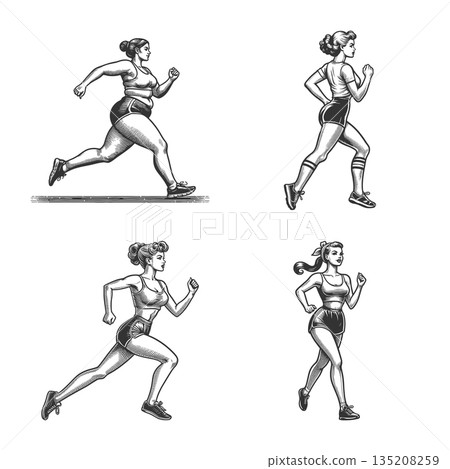 women jogging and running engraving set vector women jogging and running engraving set vector 135208259