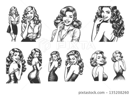 Smiling retro pin-up women portraits set vector 135208260