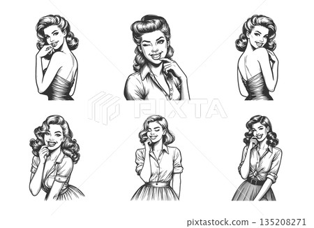 Smiling retro pin-up women portraits set raster Smiling retro pin-up women portraits set raster 135208271