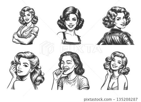 Smiling retro pin-up women portraits set raster 135208287