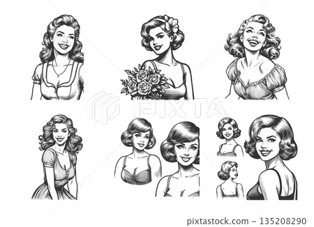 Smiling retro pin-up women portraits set raster Smiling retro pin-up women portraits set raster 135208290