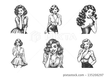 Smiling retro pin-up women portraits set raster Smiling retro pin-up women portraits set raster 135208297