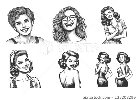 Smiling retro pin-up women portraits set raster 135208299