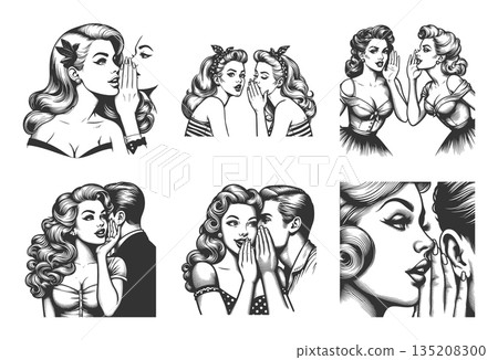 pin-up women whispering secrets engraving raster 135208300