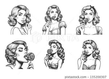 pin-up girl licking lollipops engraving set raster 135208307