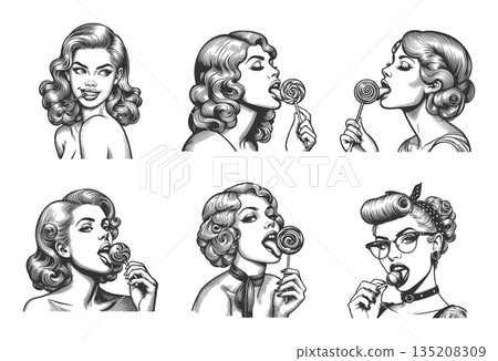pin-up girl licking lollipops engraving set raster 135208309