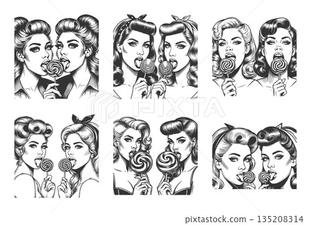 pin-up girl licking lollipops engraving set raster 135208314