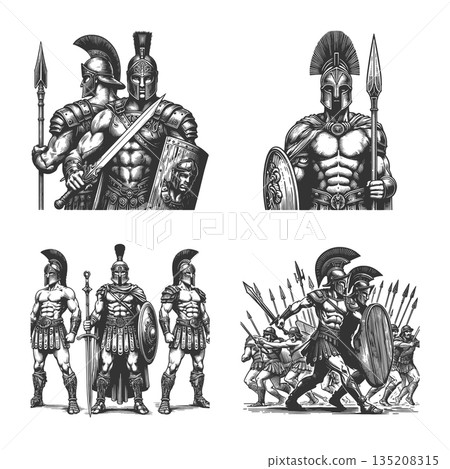 Ancient Spartan Greek warriors engraving raster Ancient Spartan Greek warriors engraving raster 135208315