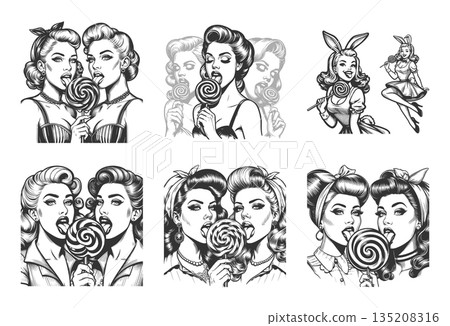 pin-up girl licking lollipops engraving set raster 135208316