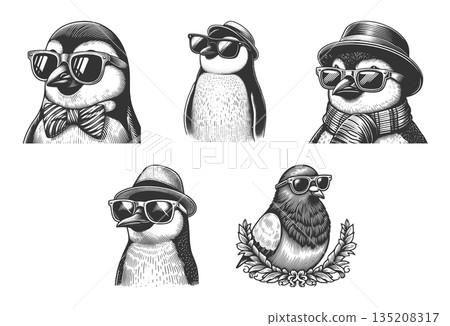 Cool penguins and bird in sunglasses set raster Cool penguins and bird in sunglasses set raster 135208317