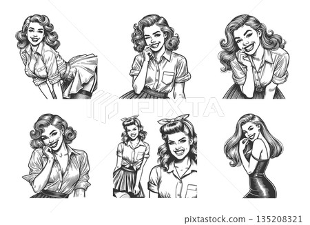 Smiling retro pin-up women portraits set raster 135208321