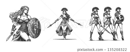 Female warriors ancient armor engraving set raster Female warriors ancient armor engraving set raster 135208322