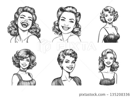 Smiling retro pin-up women portraits set vector Smiling retro pin-up women portraits set vector 135208336