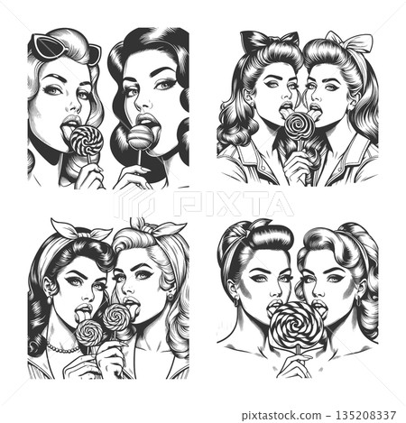 pin-up girl licking lollipops engraving set vector pin-up girl licking lollipops engraving set vector 135208337