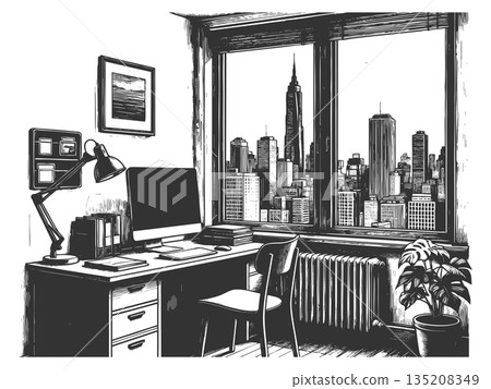 Modern office desk with city view engraving raster Modern office desk with city view engraving raster 135208349