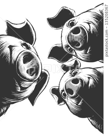 Curious Pigs Looking Down engraving sketch raster 135208367