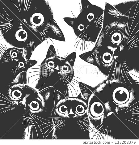 Cute Black Cats Looking Down raster illustration 135208379