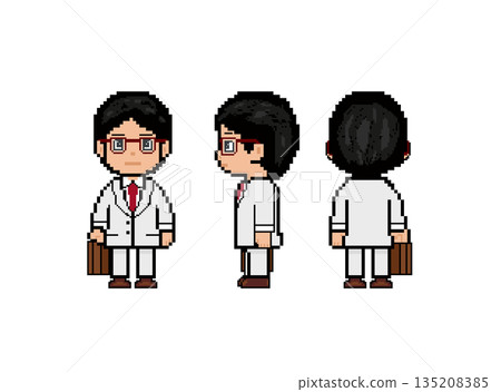 A working man with red glasses and a white suit 135208385